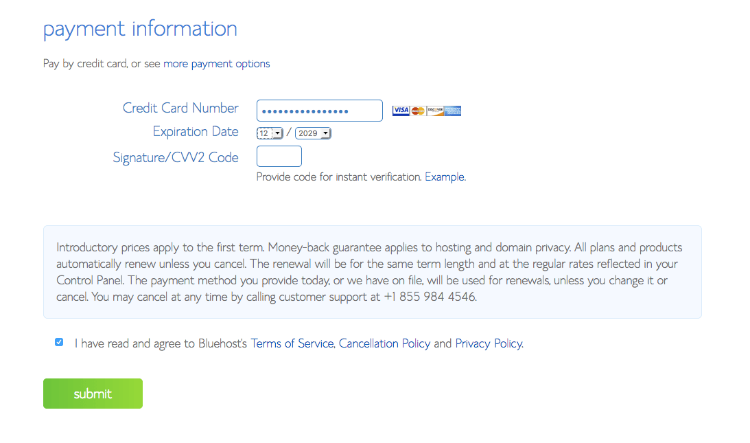 bluehost 6 payment information